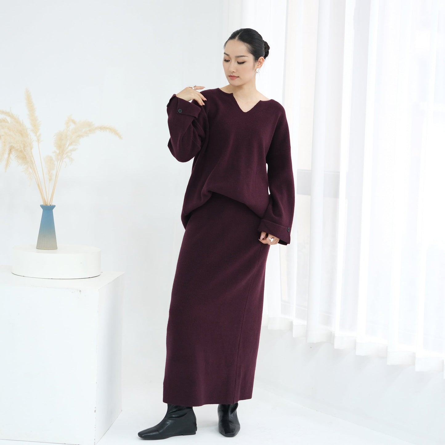 HA6601 Autumn and Winter Thickened Knitted Suit Solid Color Two-piece Skirt Suit (optional Headscarf)