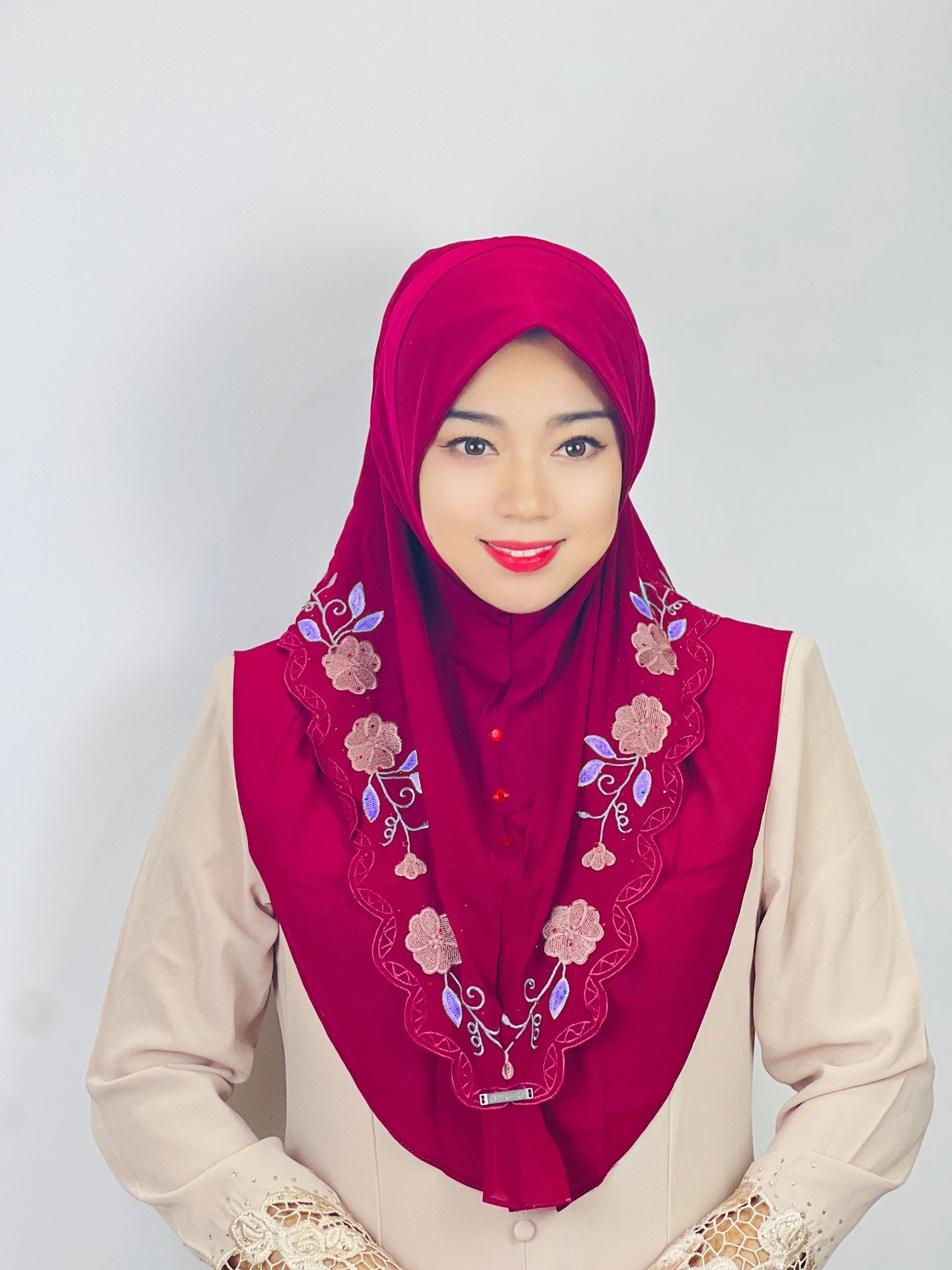 HAYA HA1105 Double Layered Floral Embroidered Lace Headscarf for Women