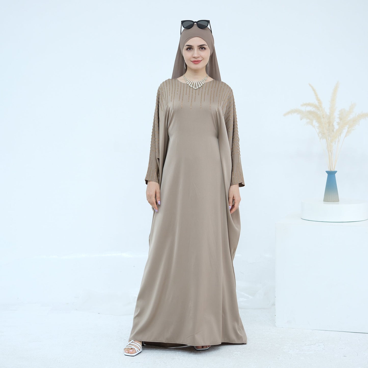HA6610 Rhinestone-embellished long Abaya dress (headscarf not included)