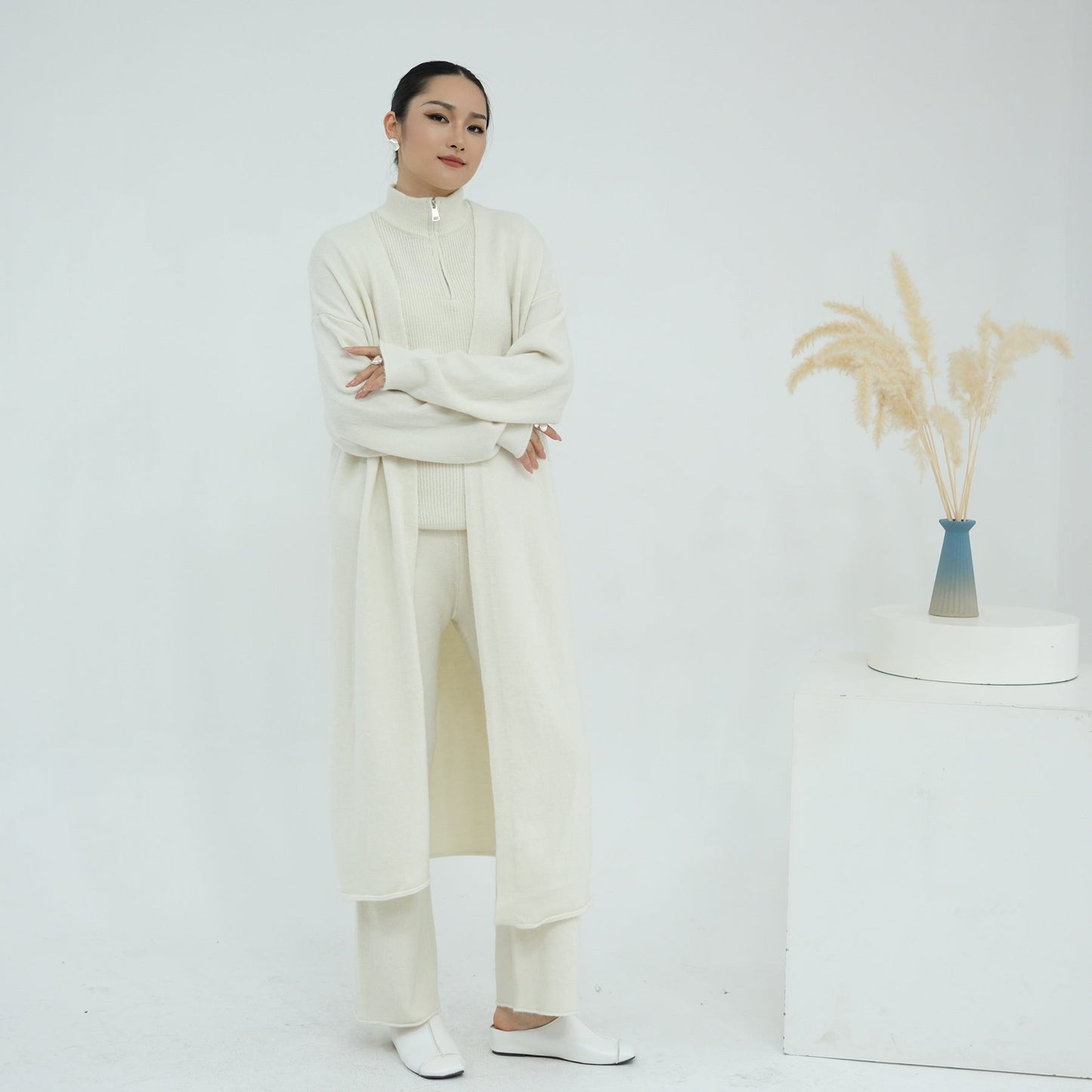 HA6603 Thickened knitted three-piece long coat set (with optional headscarf)
