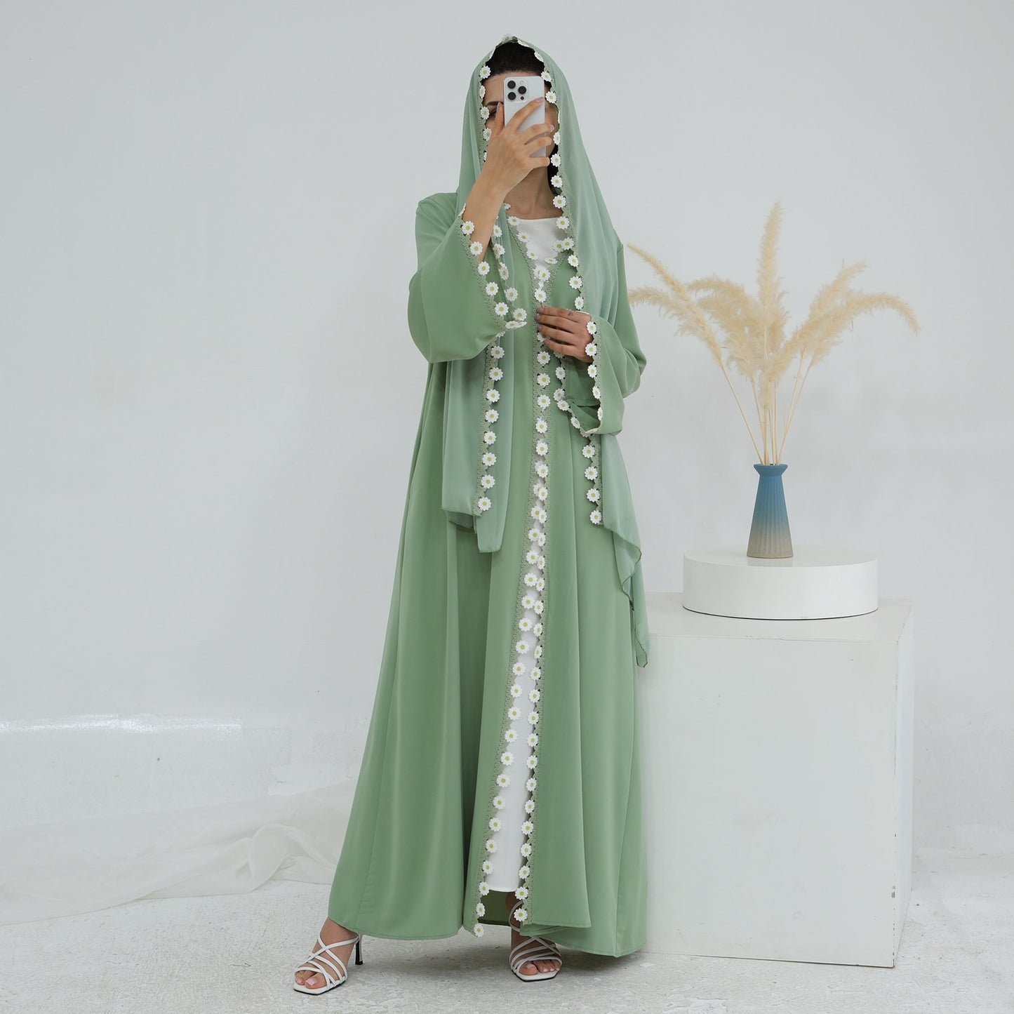 HA6616 Green Flower Stitching Cardigan Two-Piece Set (Including Headscarf)