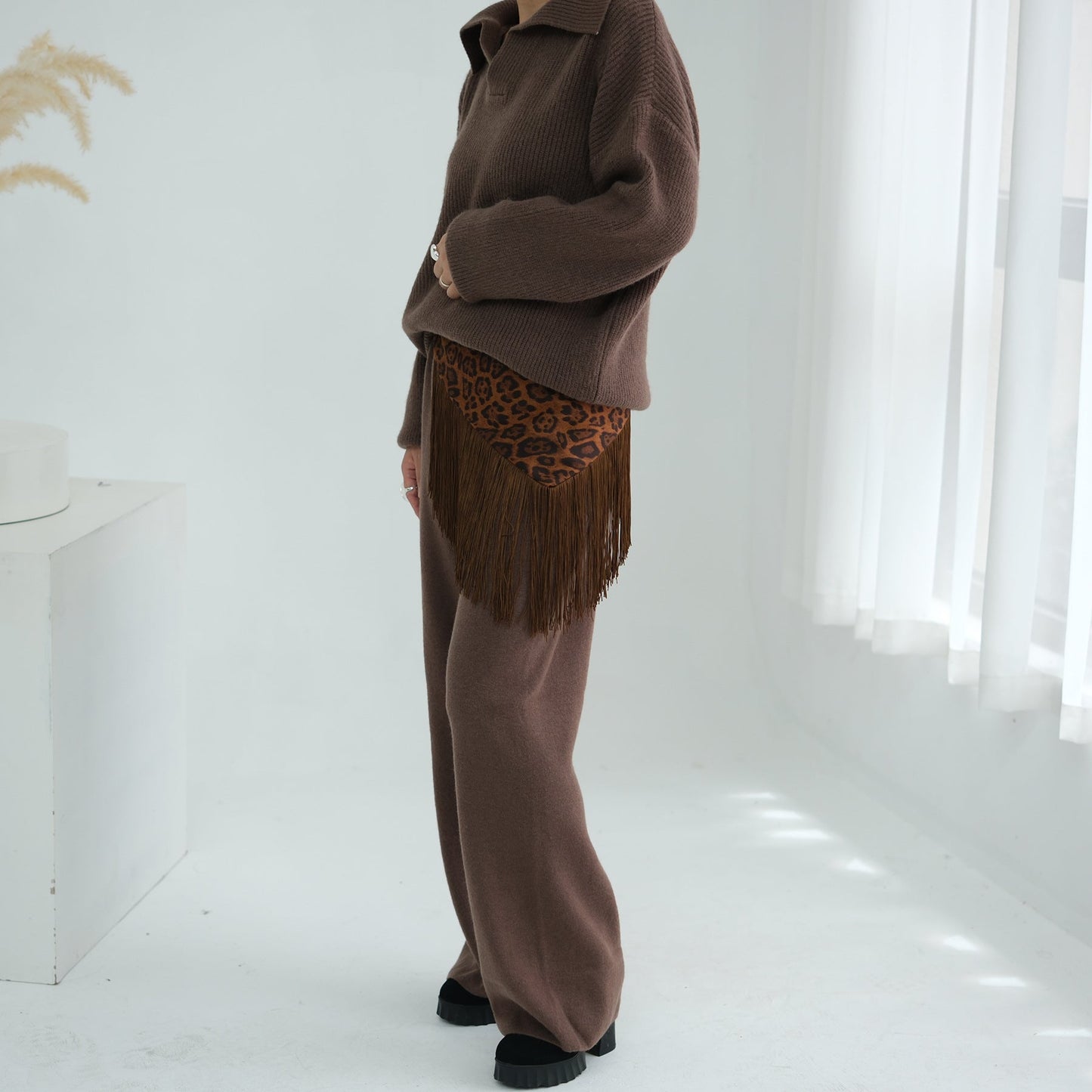 HA6594 Autumn and Winter Thickened Knitted Suit | Simple Solid Color Two-piece Suit