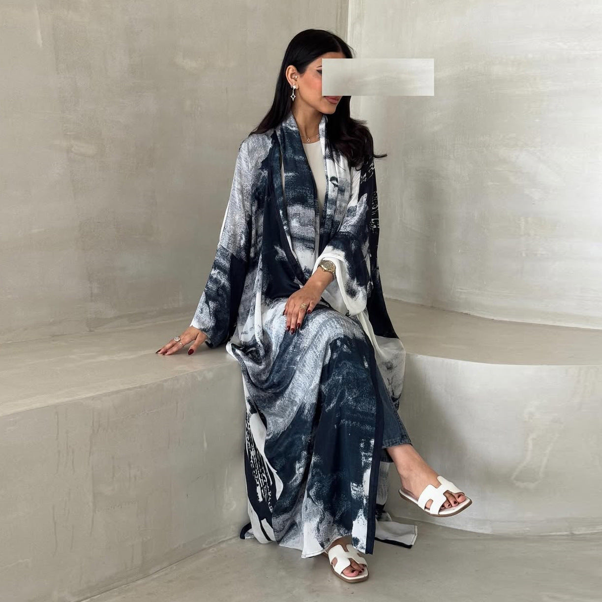 HA6638 Chiffon Printed Cardigan Two-piece Long Coat with Headscarf