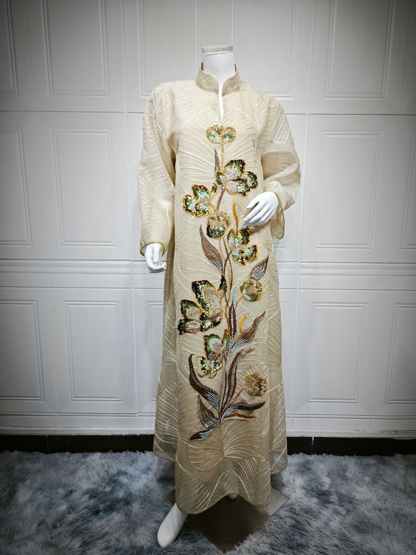 HA6657 Women's Long Robe Dress with Mesh Embroidery
