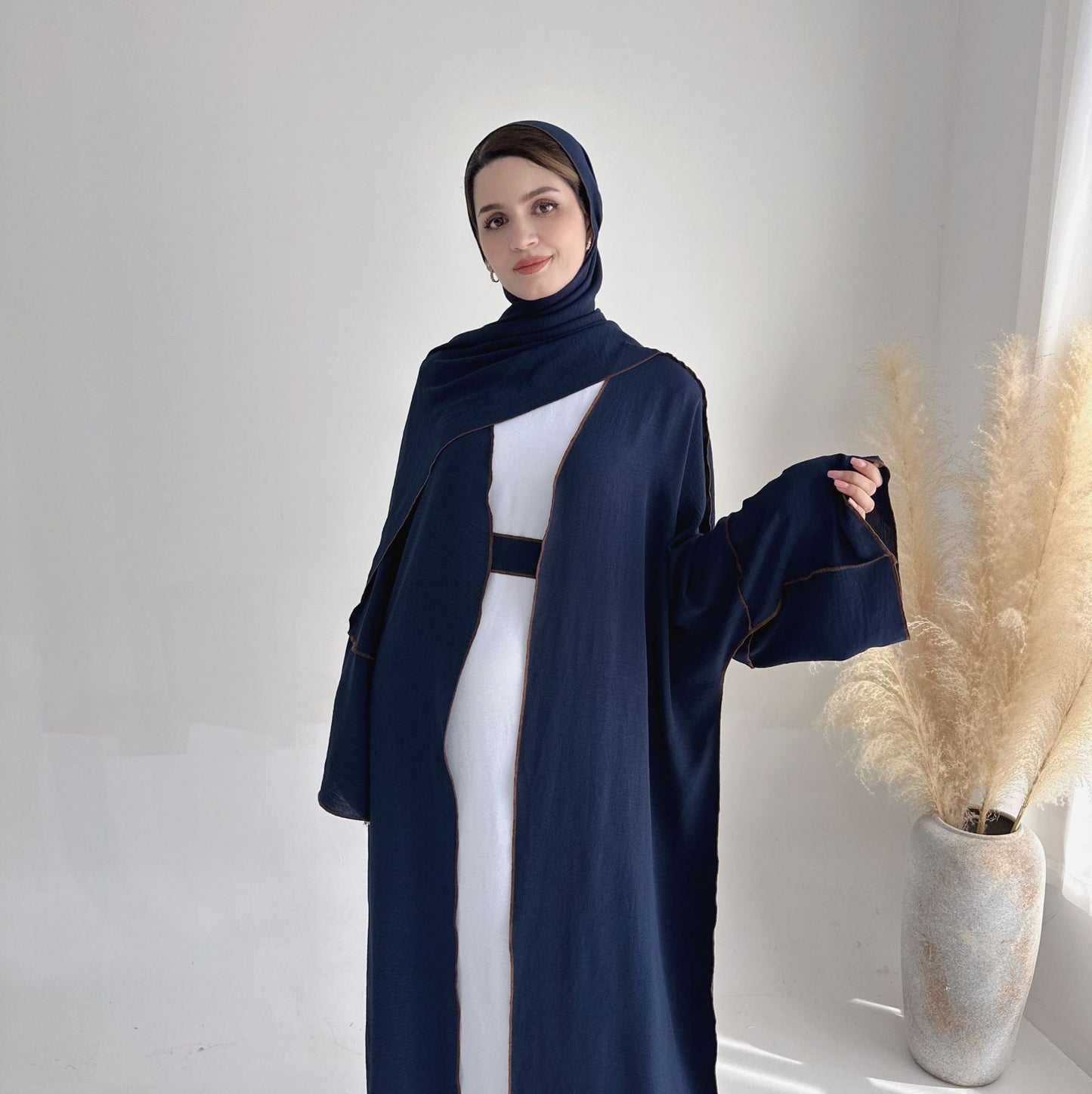 HASA HA1246H 2 PCS SET Crepe Solid Color Loose Hem Cardigan Robe with Hijab