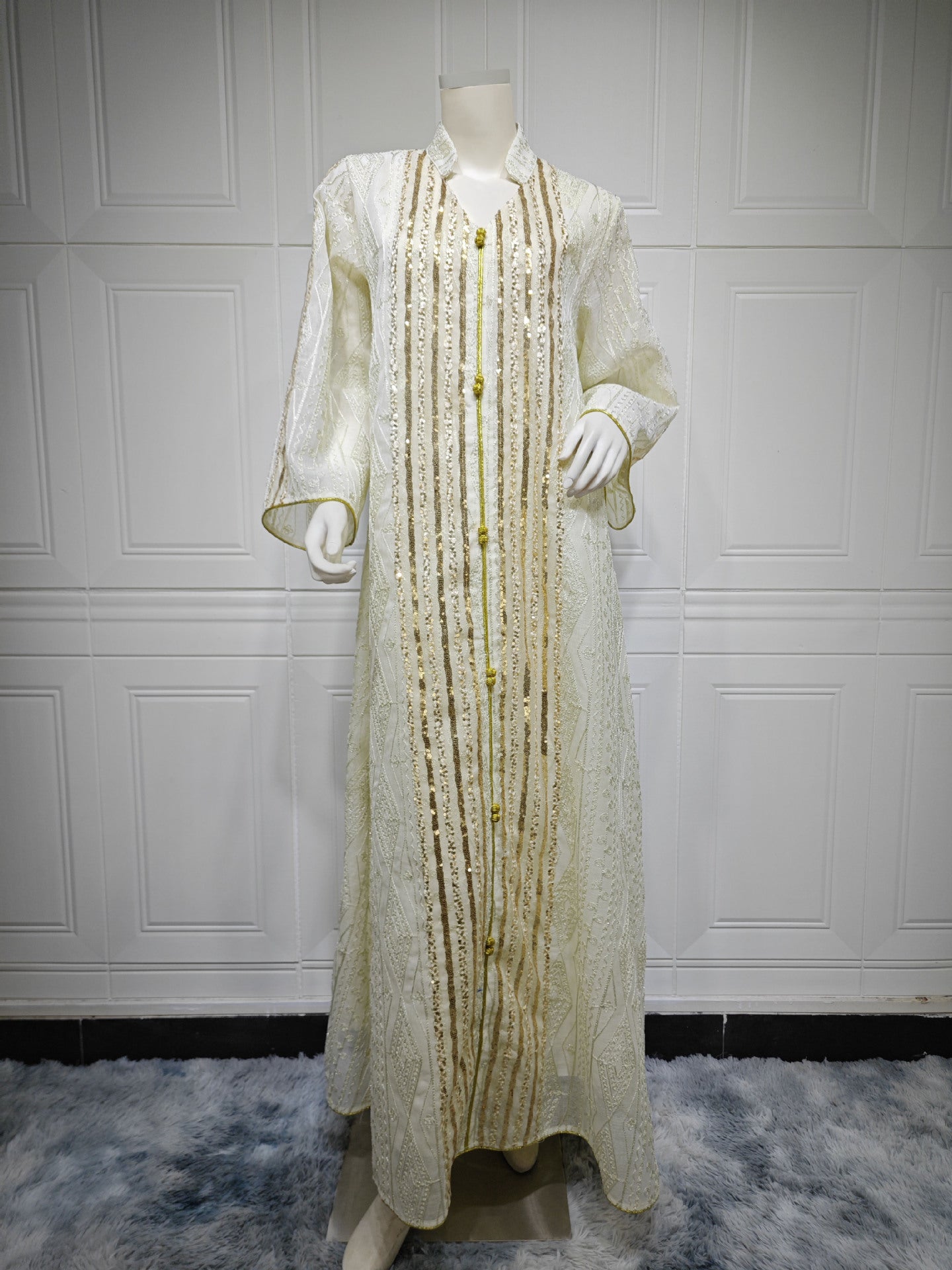 HA6662 Mesh embroidery sequin patchwork long-sleeved dress, loose robe style