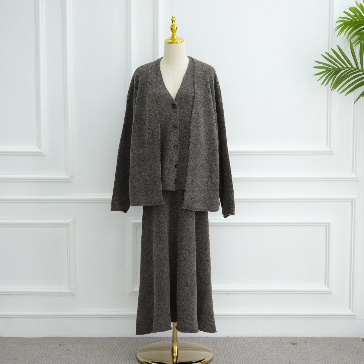 HA6596 Autumn and winter thickened knitted three-piece suit (excluding headscarf) vest + cardigan + skirt