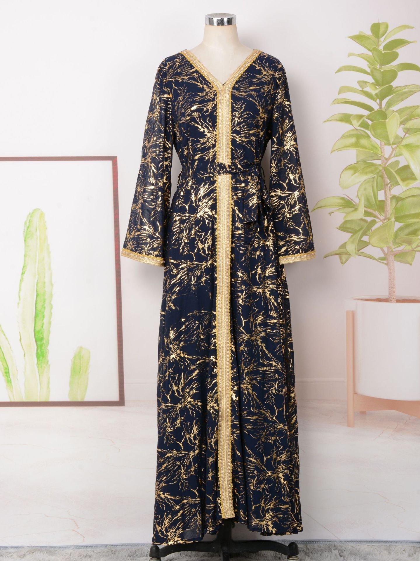HS6731 V-neck gold-embroidered robe maxi dress