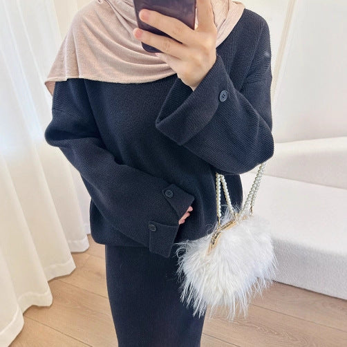 HA6597 Autumn and winter thickened knitted suit solid color two-piece suit (excluding headscarf) top + skirt