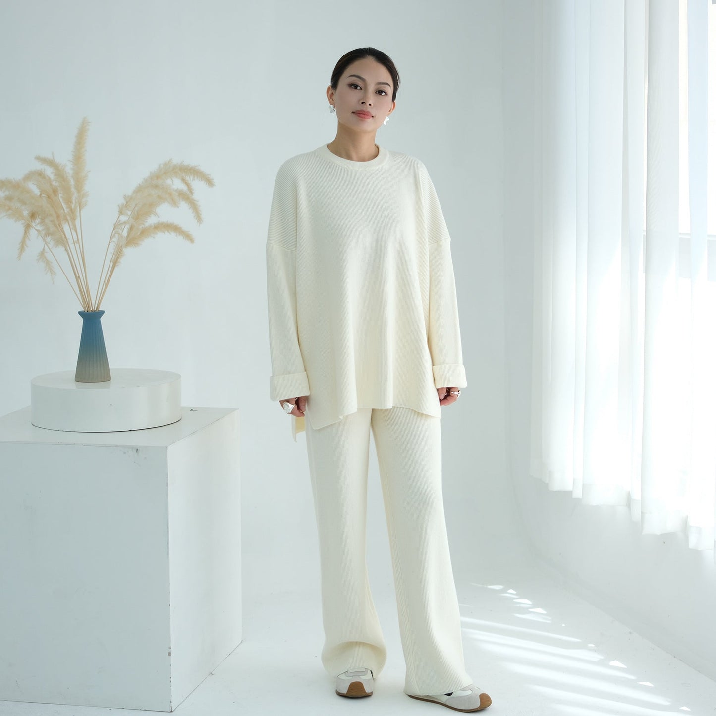 HA6599 Autumn and Winter Thickened Knitted Suit Solid Color Two-piece Suit (excluding Headscarf) Top + Trousers