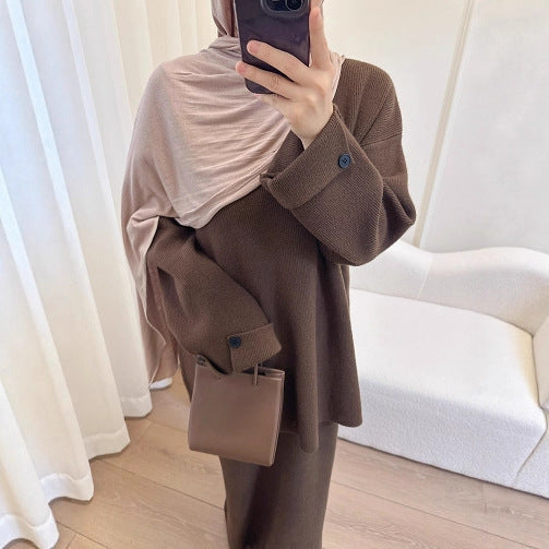 HA6597 Autumn and winter thickened knitted suit solid color two-piece suit (excluding headscarf) top + skirt