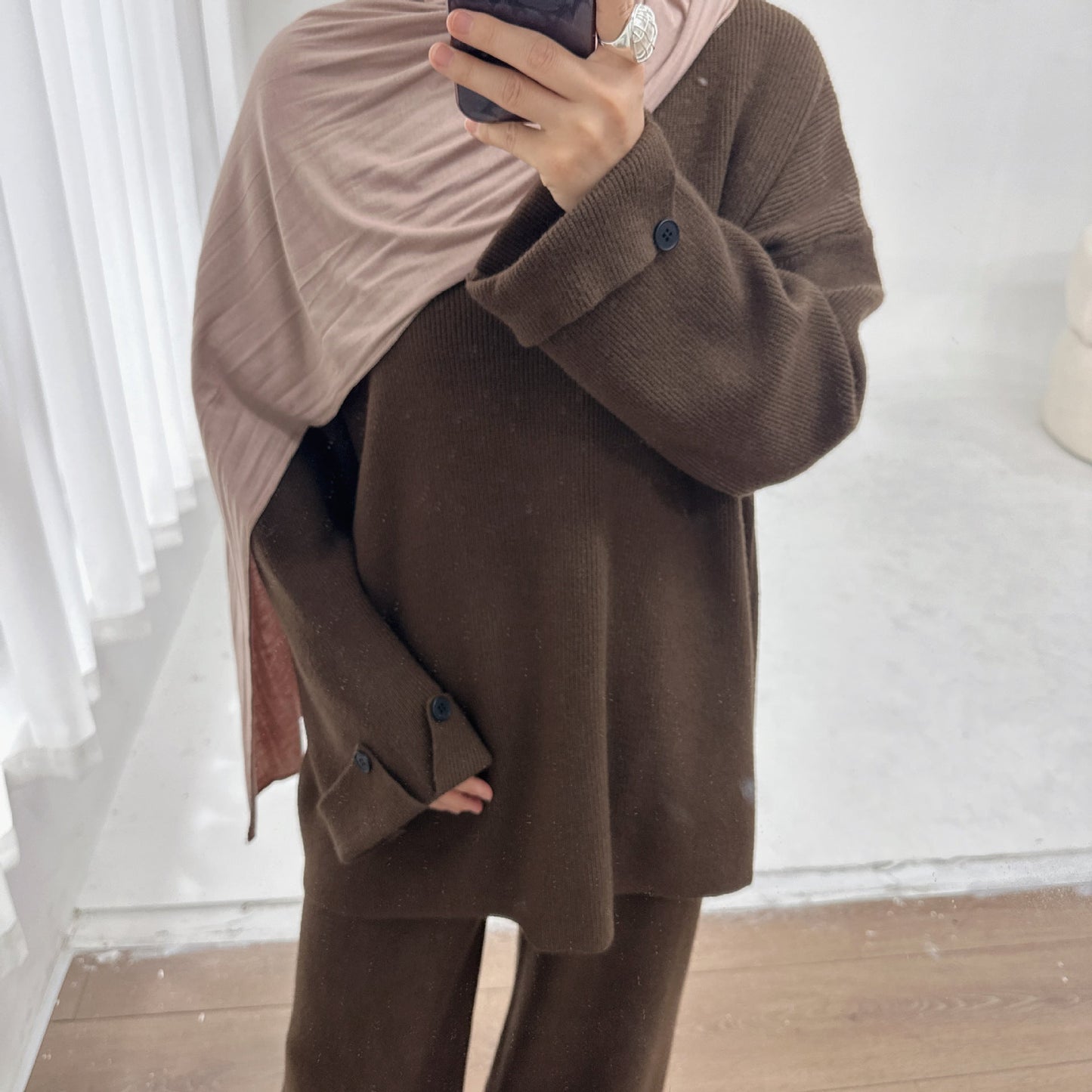 HA6600 Autumn and winter thickened knitted suit solid color two-piece suit (headscarf not included) cuff button design