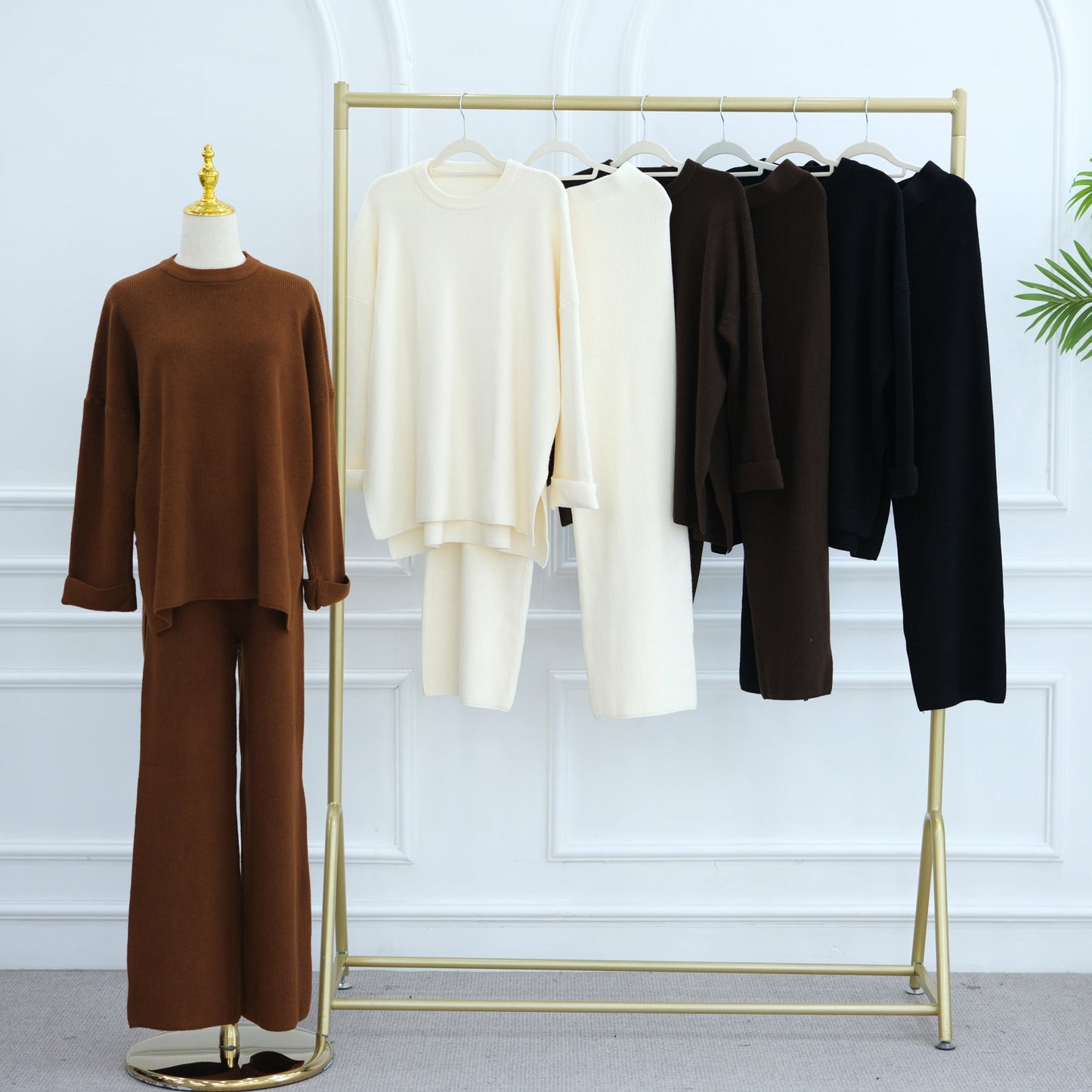 HA6599 Autumn and Winter Thickened Knitted Suit Solid Color Two-piece Suit (excluding Headscarf) Top + Trousers