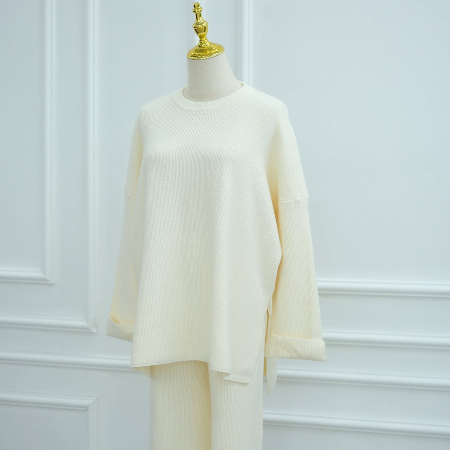 HA6599 Autumn and Winter Thickened Knitted Suit Solid Color Two-piece Suit (excluding Headscarf) Top + Trousers