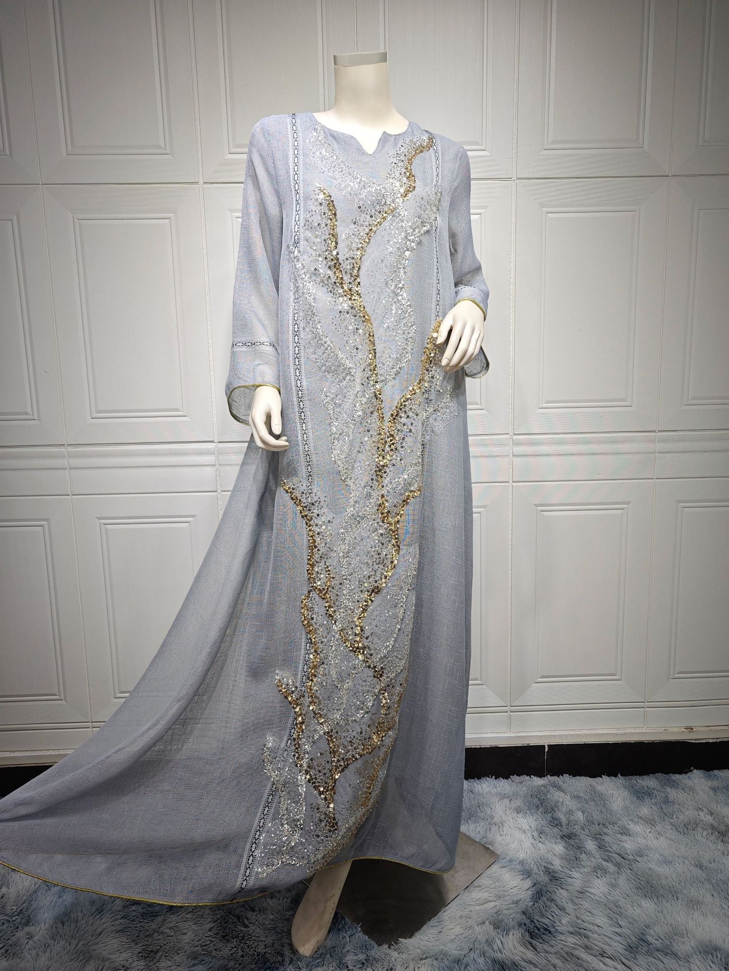 HA6637  Mesh Sequined Embroidered Long Dress