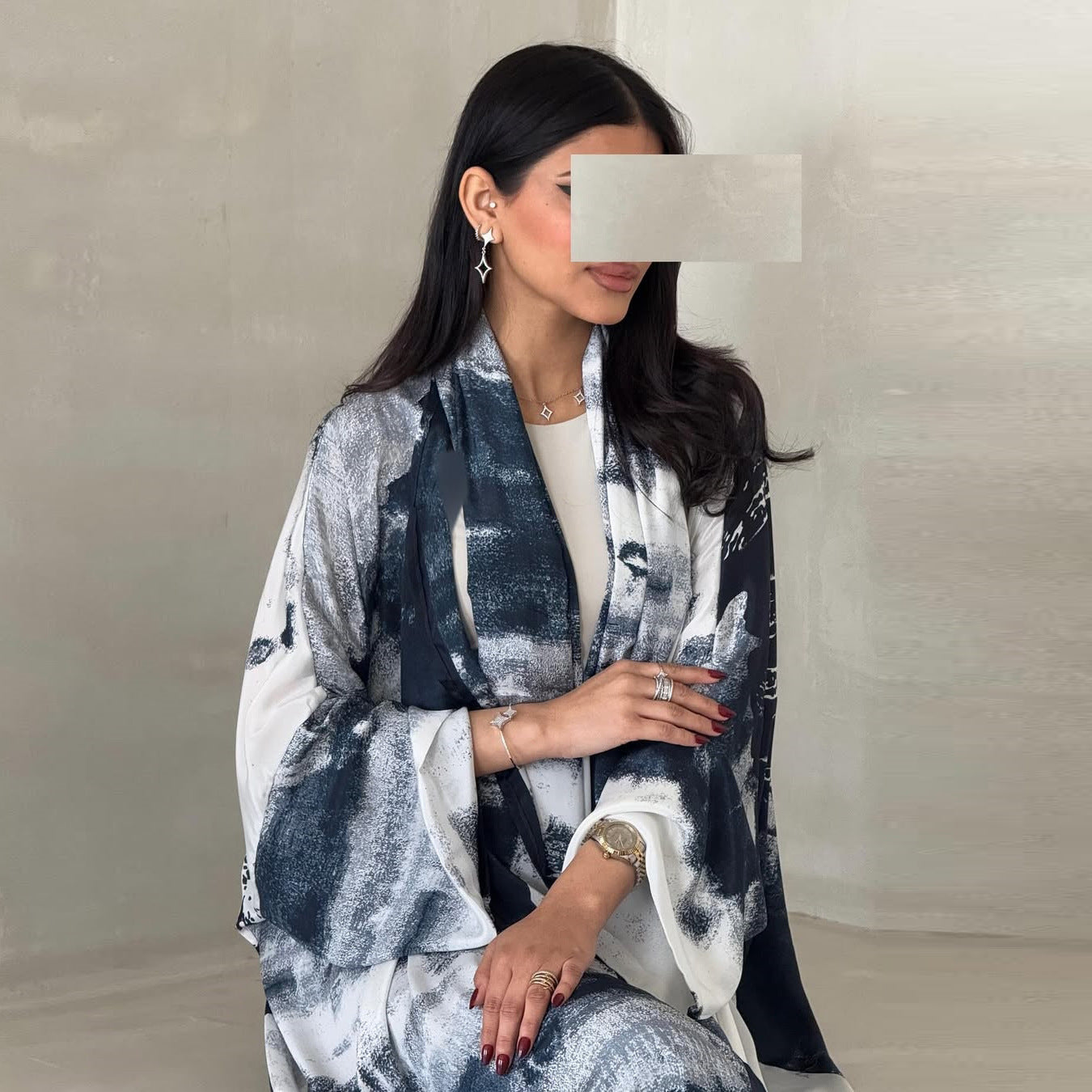 HA6638 Chiffon Printed Cardigan Two-piece Long Coat with Headscarf