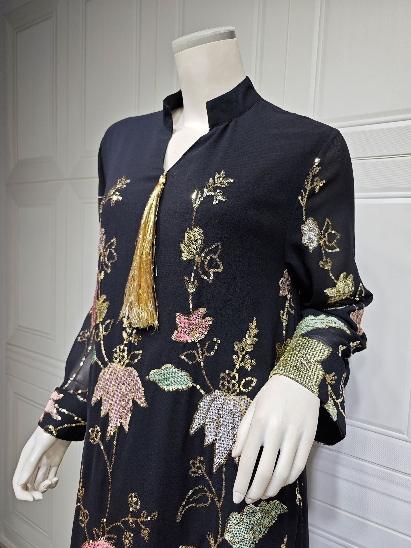 HA6649 Sequined Embroidered Tassel Long Robe, Elegant and Sophisticated Dress