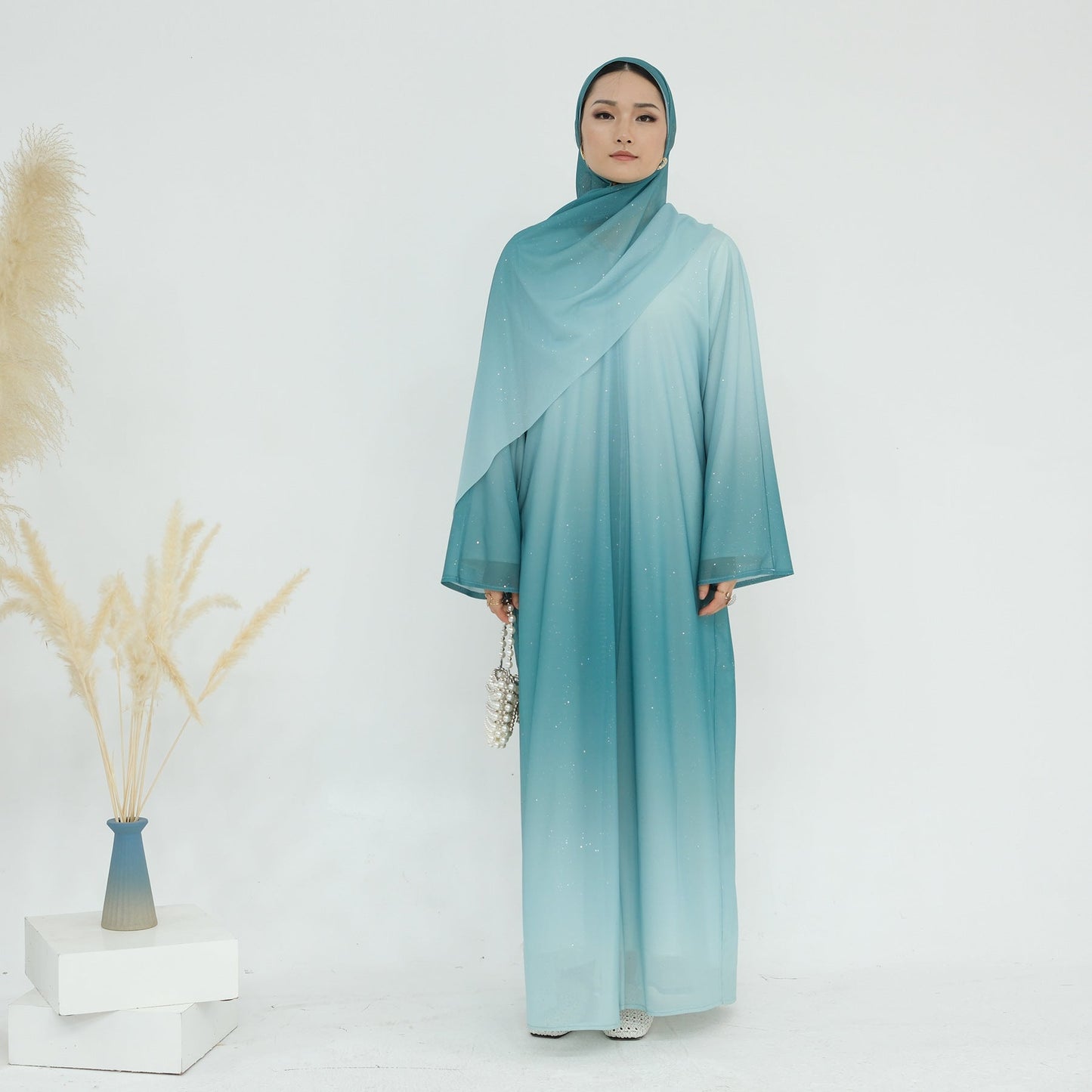 HA6617 Gradient Color Long Cardigan Two-Piece Set (Including Headscarf)