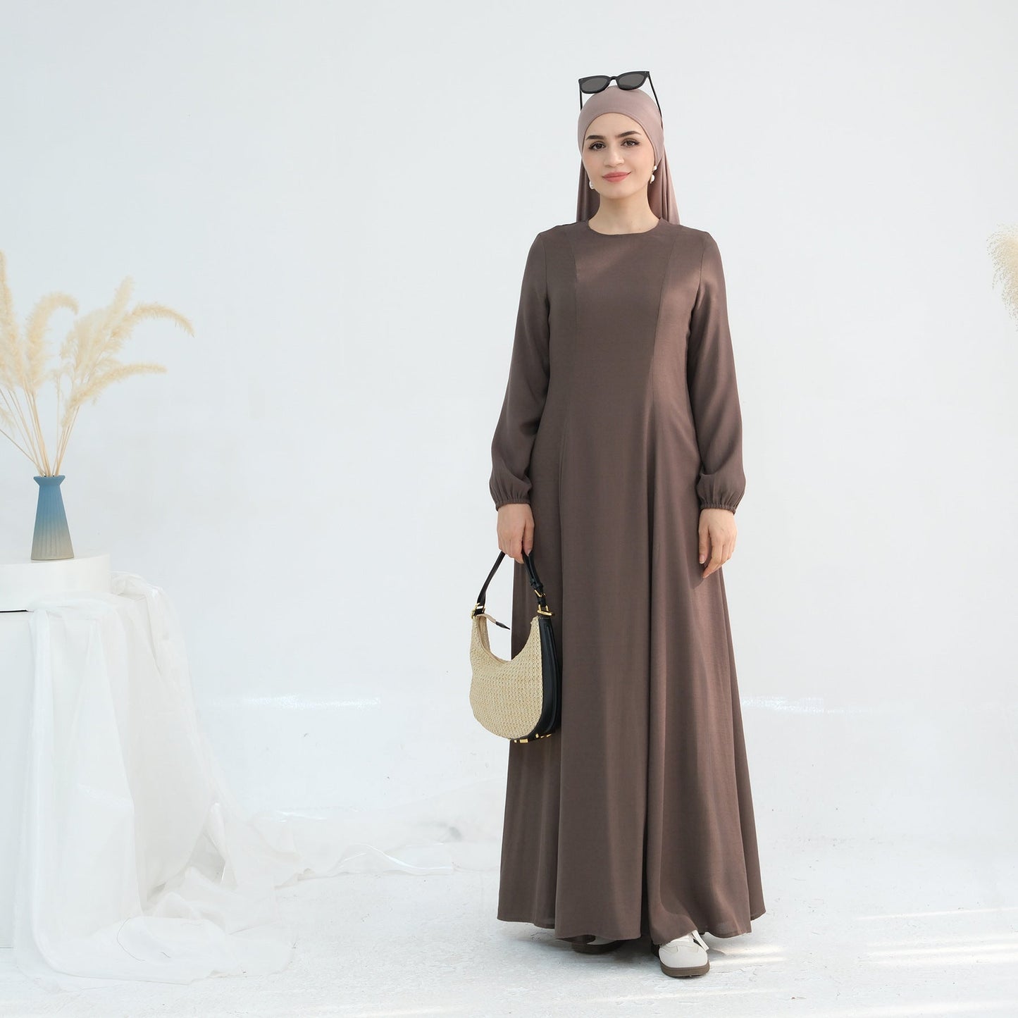 HA6632 Double Lined Simple Long Sleeve Dress