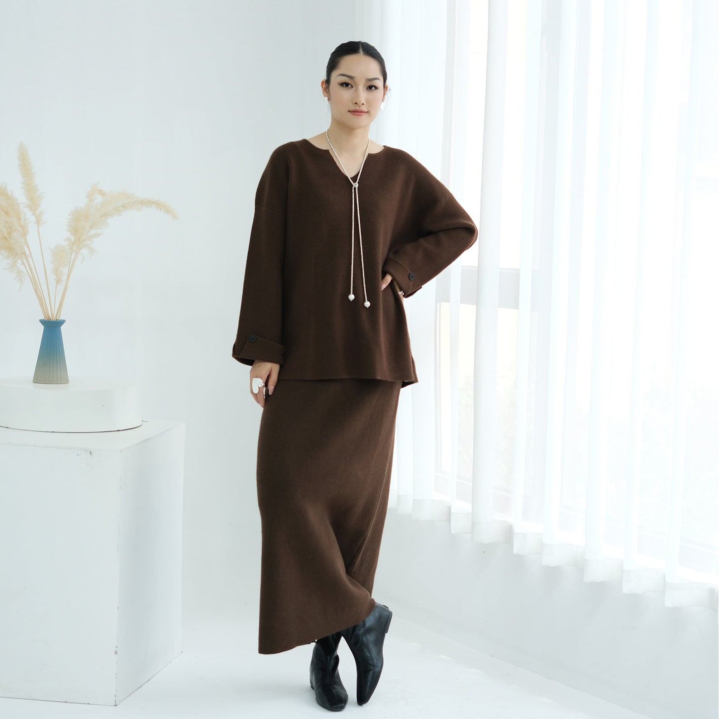 HA6601 Autumn and Winter Thickened Knitted Suit Solid Color Two-piece Skirt Suit (optional Headscarf)