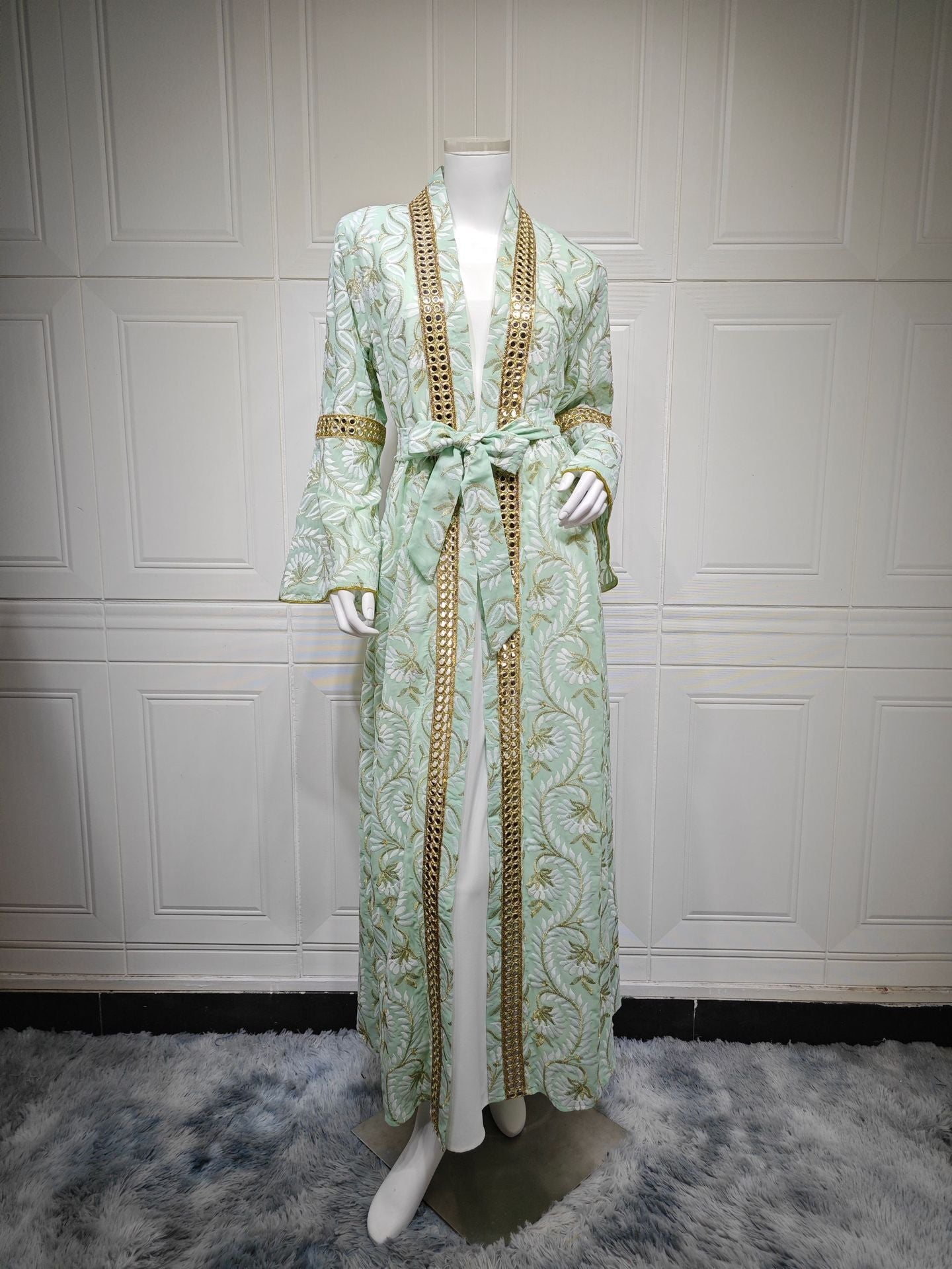 HA6664 Waist-cinching belted long dress set with lightweight printed jacket