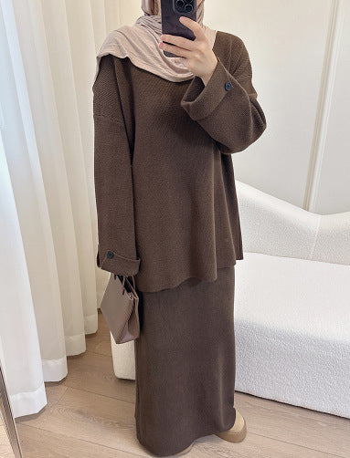 HA6597 Autumn and winter thickened knitted suit solid color two-piece suit (excluding headscarf) top + skirt