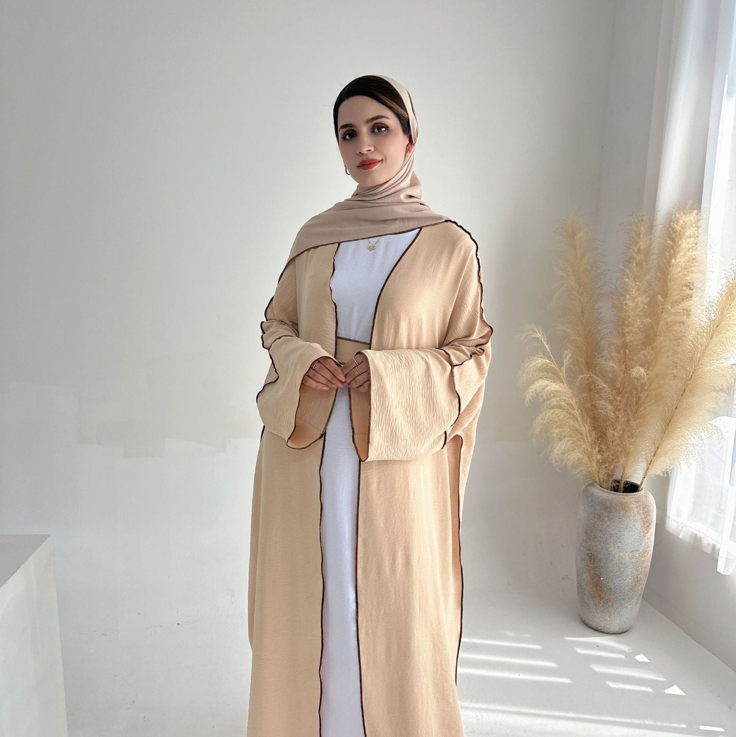 HASA HA1246H 2 PCS SET Crepe Solid Color Loose Hem Cardigan Robe with Hijab
