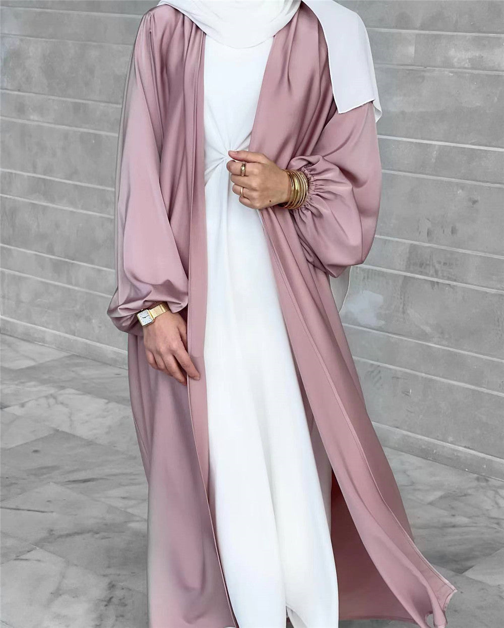 HAYA0481 Solid Color Satin Coat Robe Open Abaya