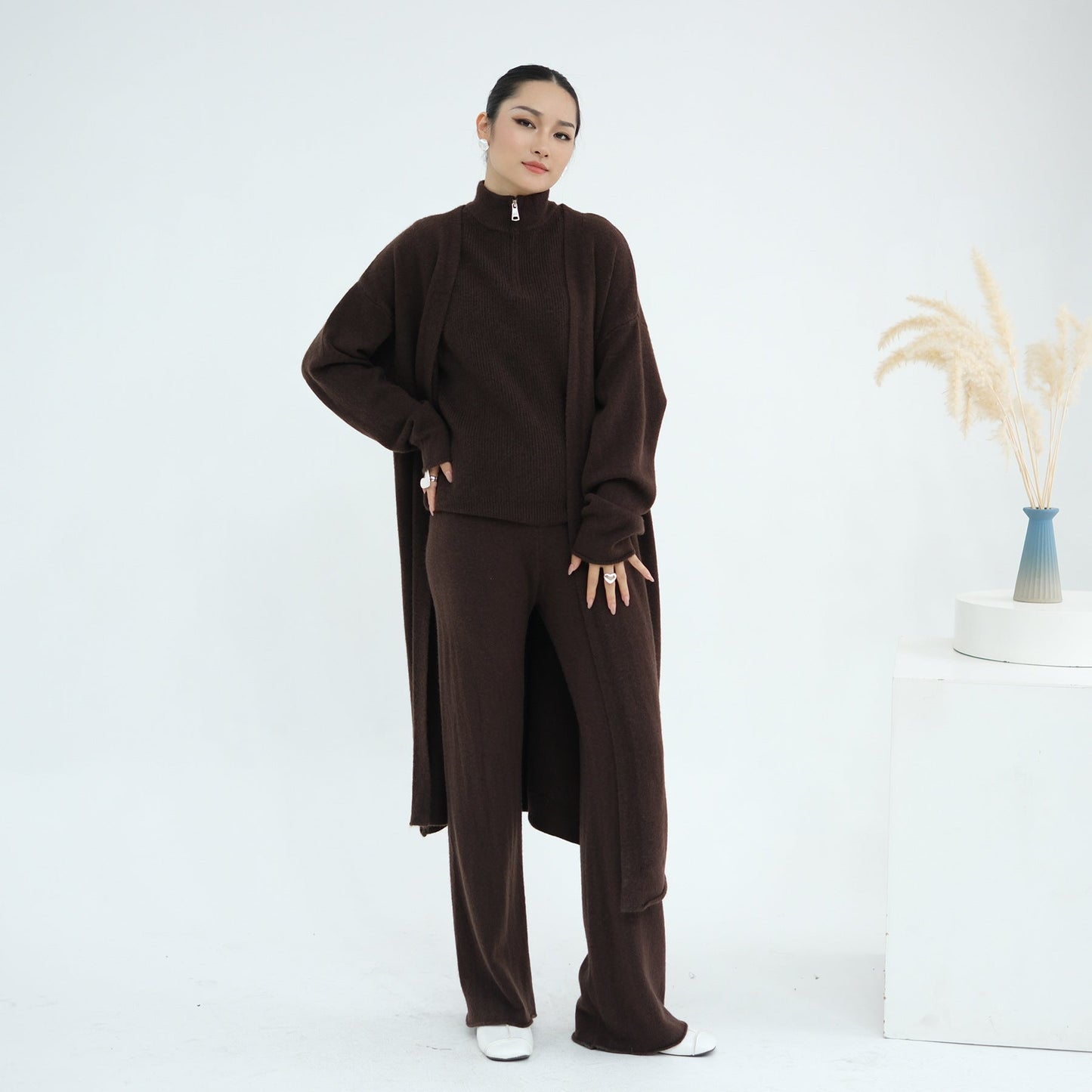 HA6603 Thickened knitted three-piece long coat set (with optional headscarf)