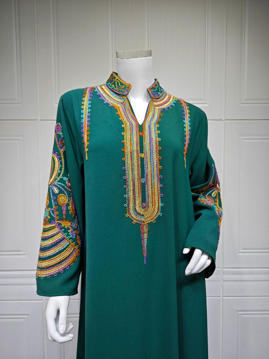HA6661 Rope Embroidery Pullover Robe Dress, Long Sleeves, Loose Fit.