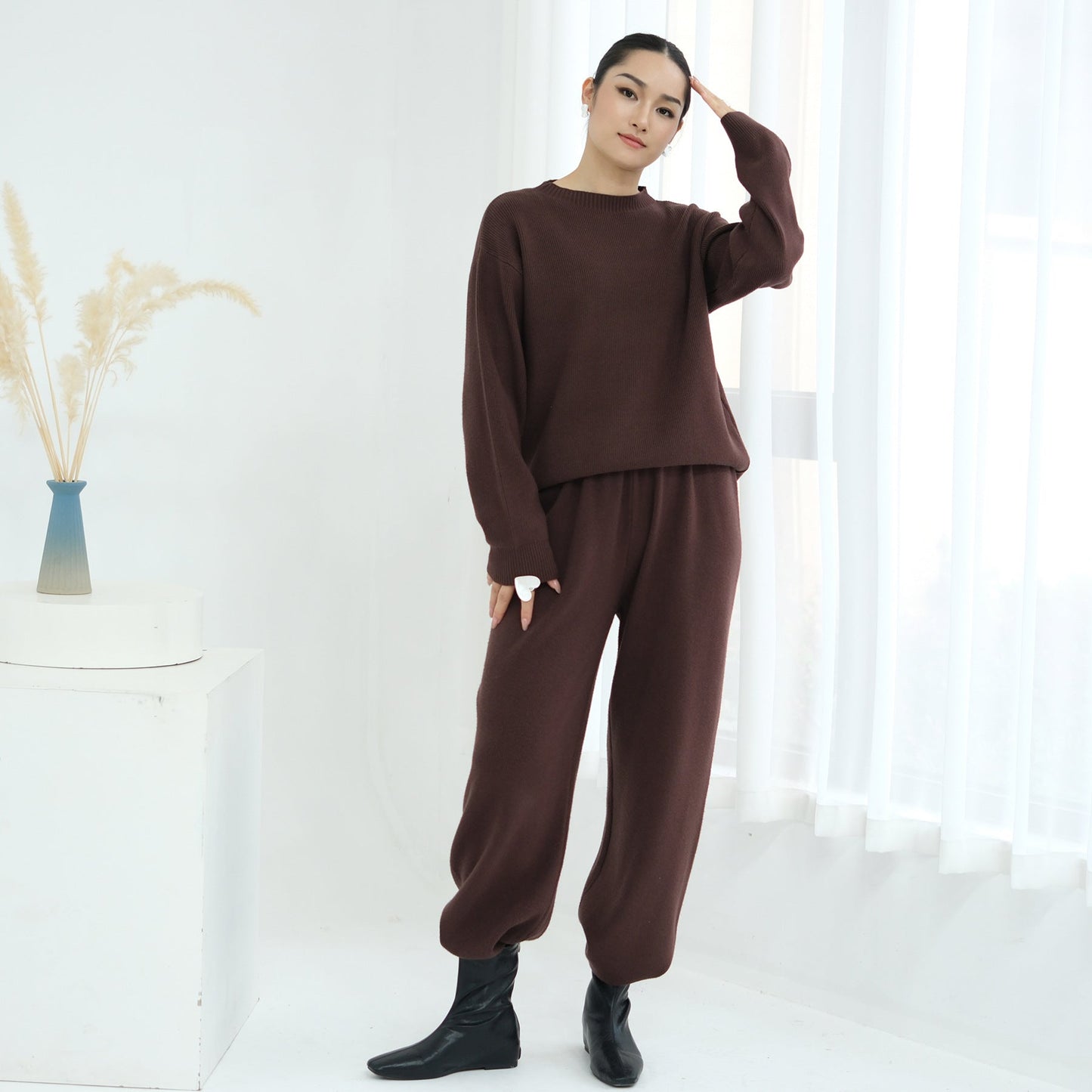 HA6595 Autumn and Winter Thickened Knitted Suit (Not Including Headscarf) | Simple Solid Color Two-Piece Suit