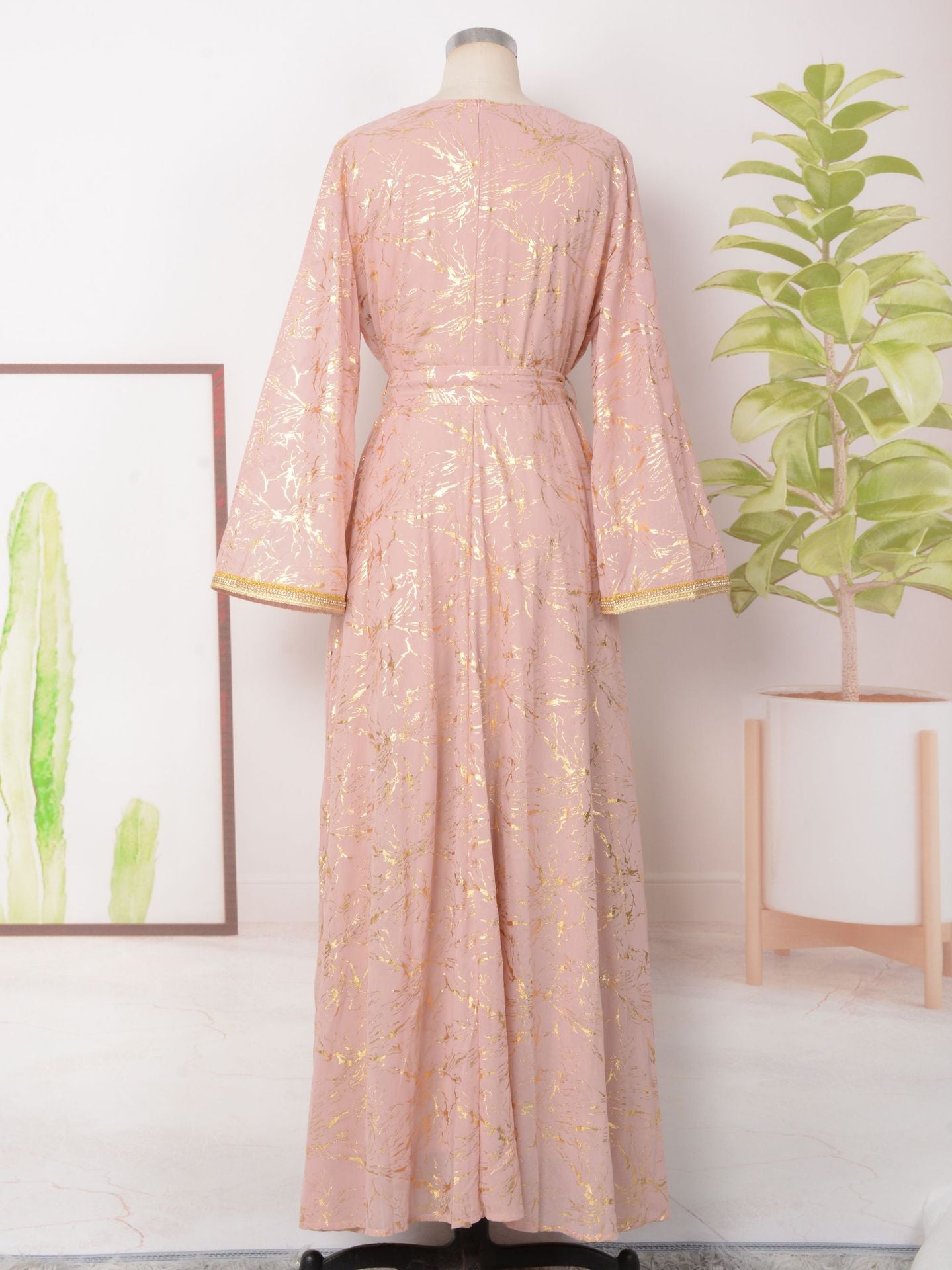 HS6731 V-neck gold-embroidered robe maxi dress