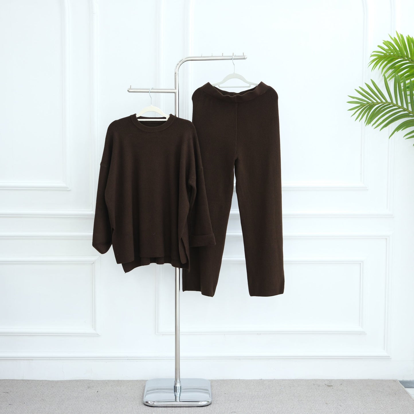 HA6599 Autumn and Winter Thickened Knitted Suit Solid Color Two-piece Suit (excluding Headscarf) Top + Trousers