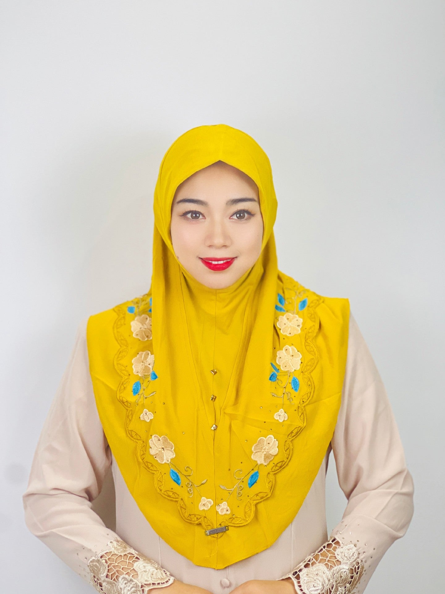 HAYA HA1105 Double Layered Floral Embroidered Lace Headscarf for Women
