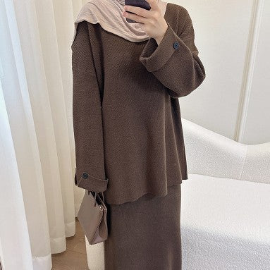 HA6597 Autumn and winter thickened knitted suit solid color two-piece suit (excluding headscarf) top + skirt