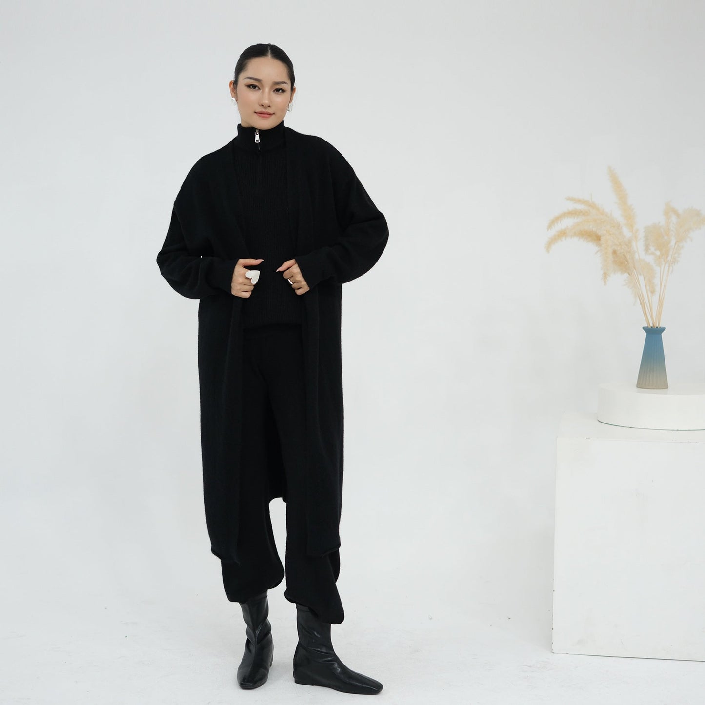 HA6603 Thickened knitted three-piece long coat set (with optional headscarf)