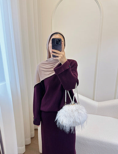 HA6597 Autumn and winter thickened knitted suit solid color two-piece suit (excluding headscarf) top + skirt