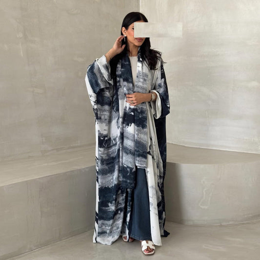 HA6638 Chiffon Printed Cardigan Two-piece Long Coat with Headscarf