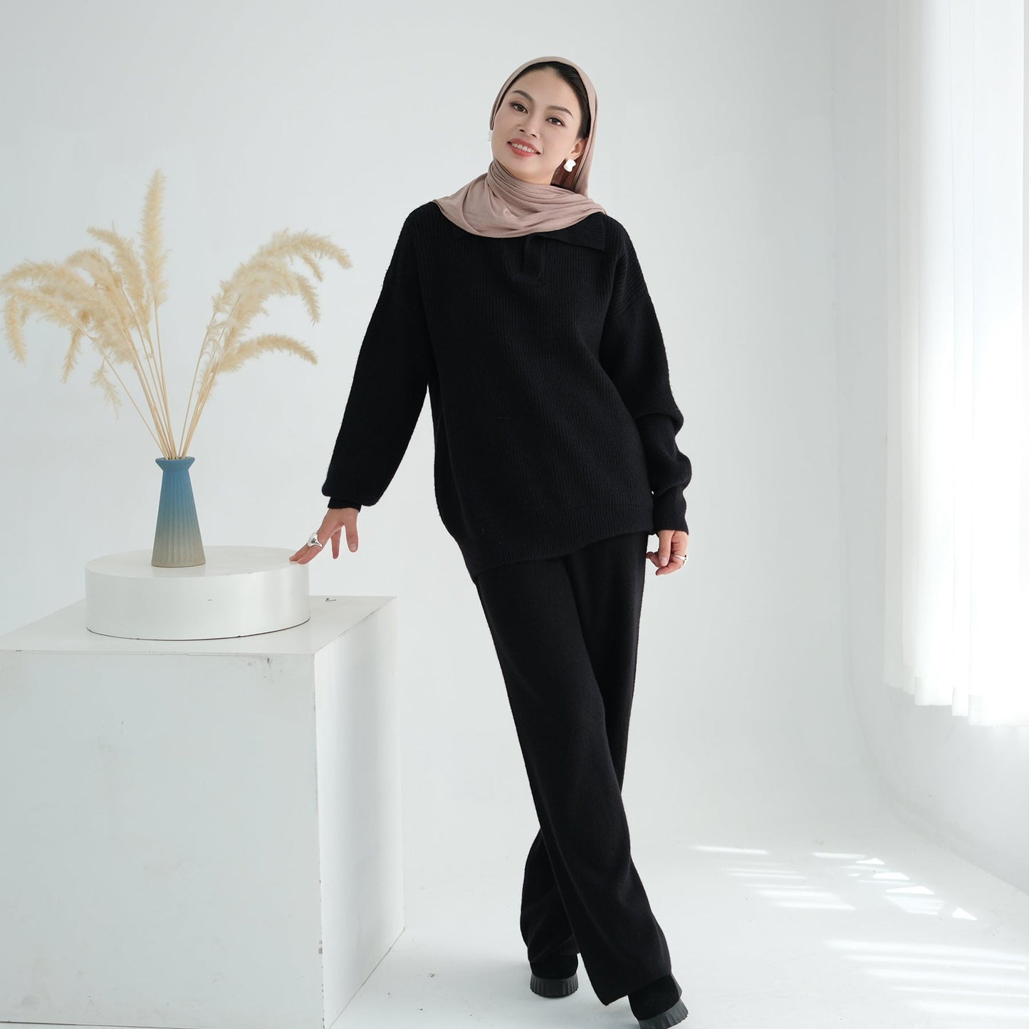 HA6594 Autumn and Winter Thickened Knitted Suit | Simple Solid Color Two-piece Suit