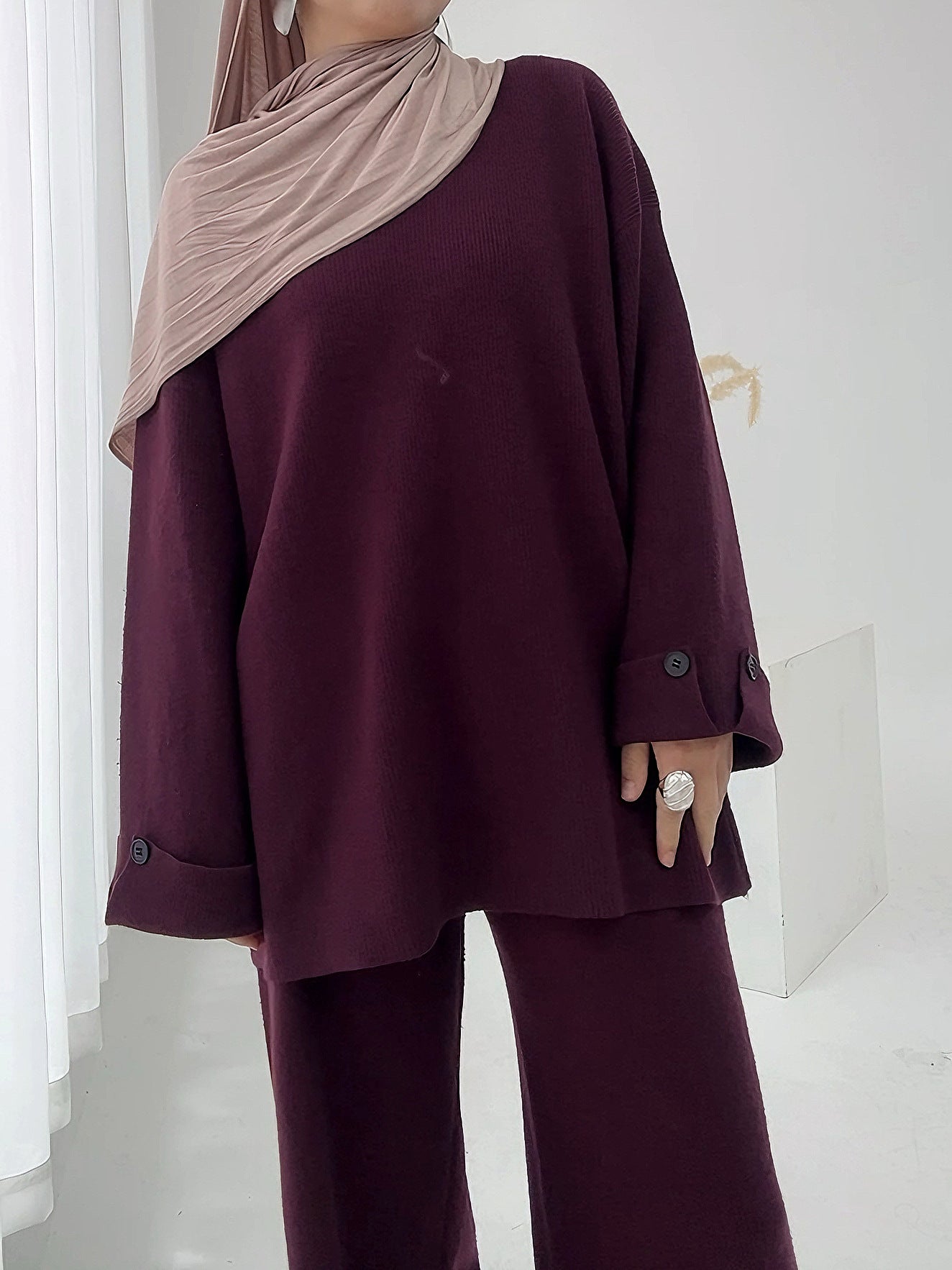HA6600 Autumn and winter thickened knitted suit solid color two-piece suit (headscarf not included) cuff button design