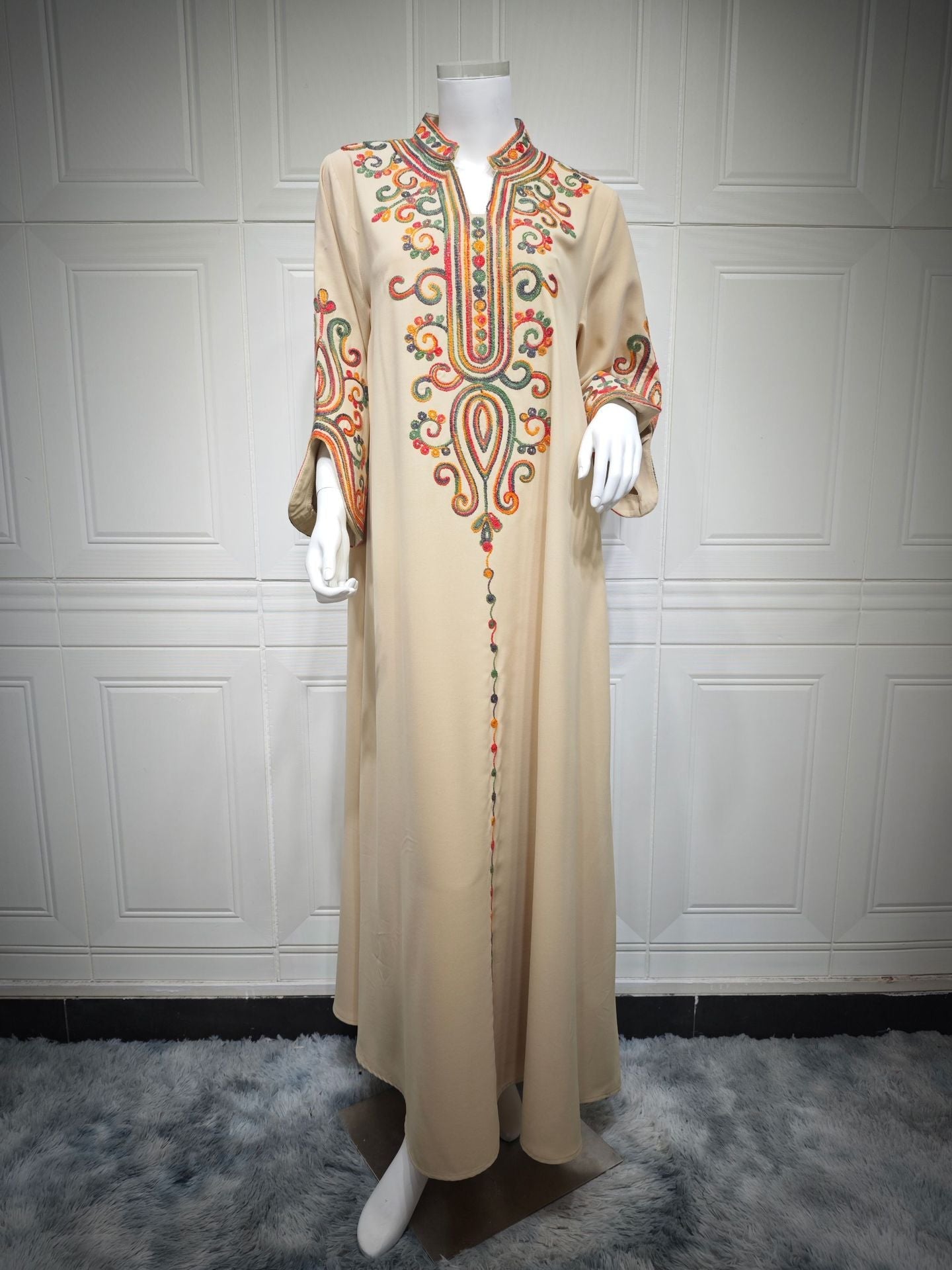 HA6652 Rope embroidery midi dress with elegant stand-up collar design