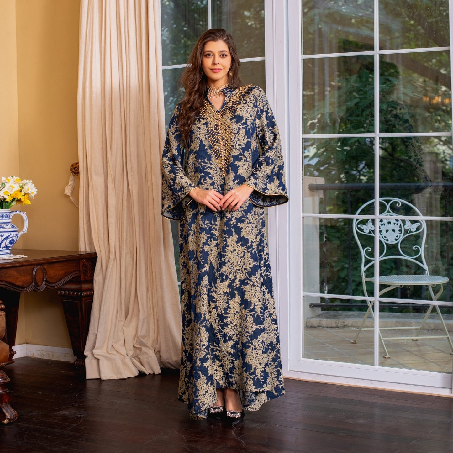 HA6660 Jacquard fabric embroidered beaded robe dress with rich design features