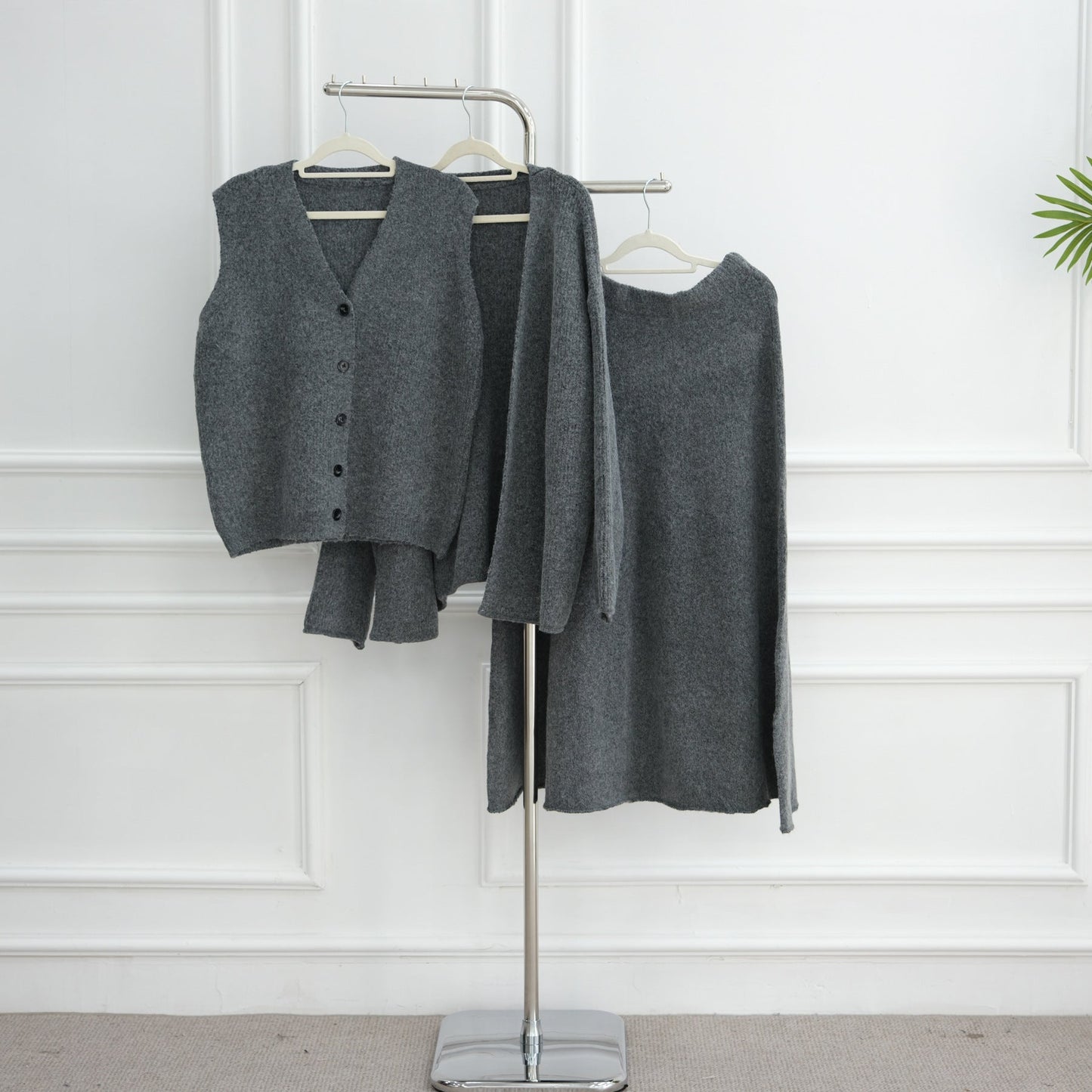 HA6596 Autumn and winter thickened knitted three-piece suit (excluding headscarf) vest + cardigan + skirt