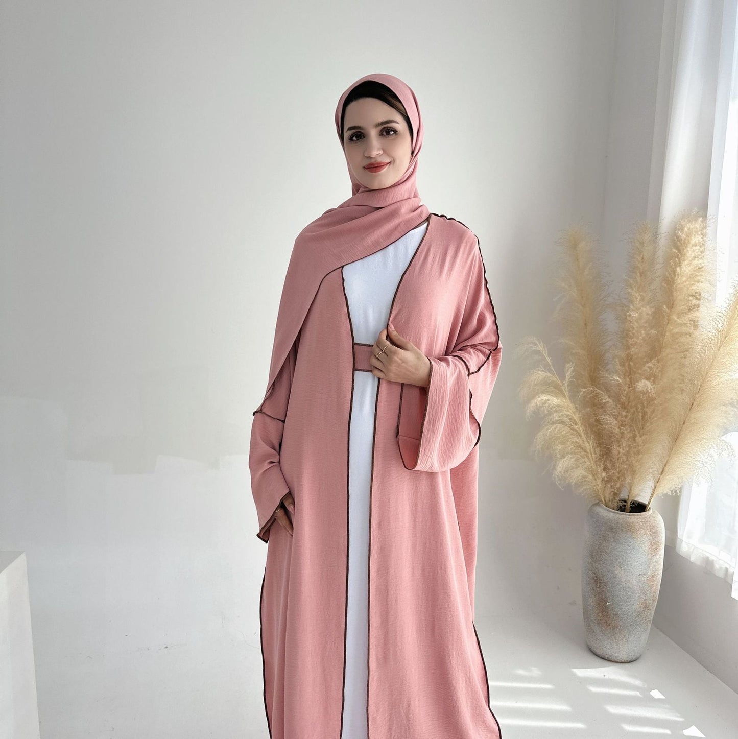 HASA HA1246H 2 PCS SET Crepe Solid Color Loose Hem Cardigan Robe with Hijab