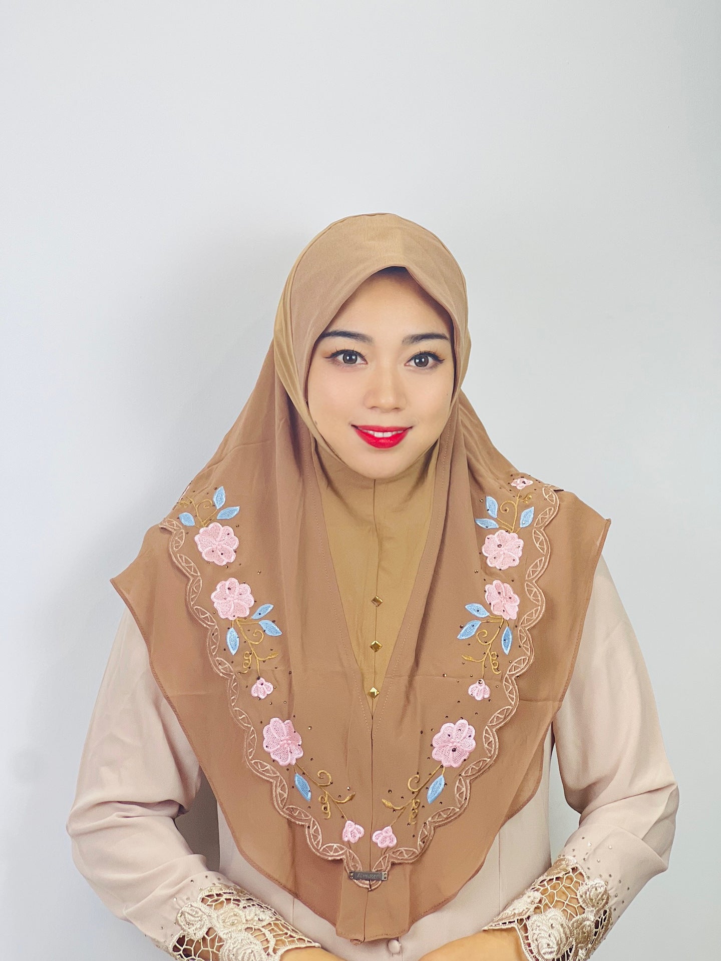 HAYA HA1105 Double Layered Floral Embroidered Lace Headscarf for Women
