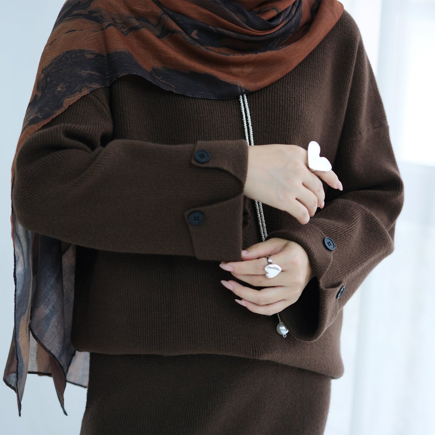 HA6601 Autumn and Winter Thickened Knitted Suit Solid Color Two-piece Skirt Suit (optional Headscarf)