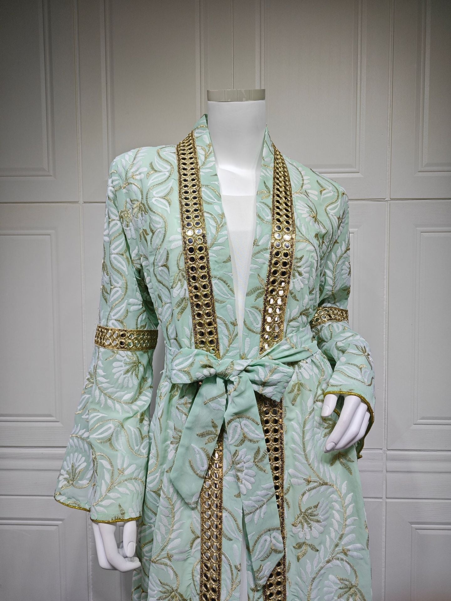 HA6664 Waist-cinching belted long dress set with lightweight printed jacket