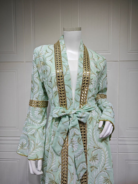 HA6664 Waist-cinching belted long dress set with lightweight printed jacket