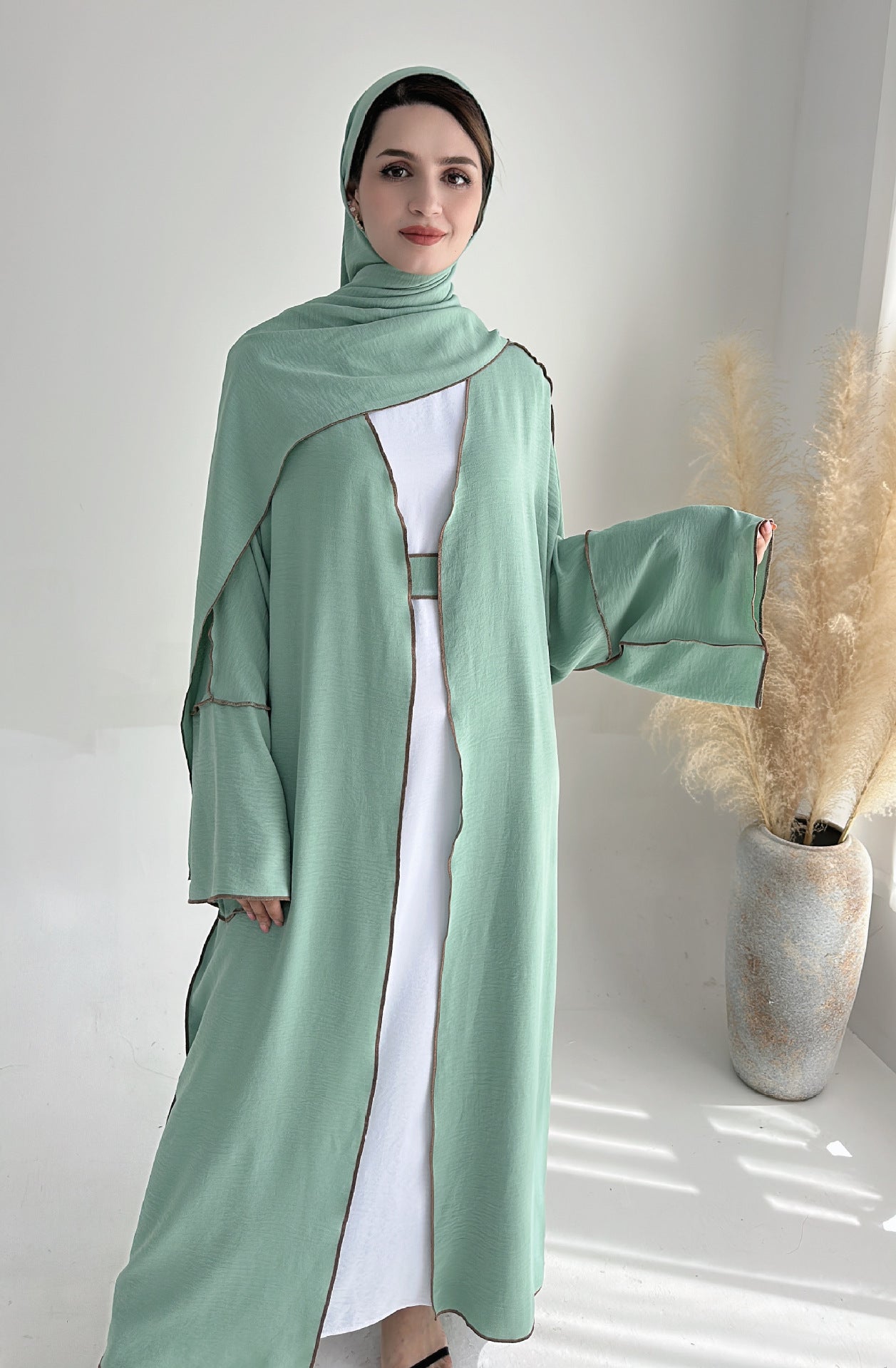 HASA HA1246H 2 PCS SET Crepe Solid Color Loose Hem Cardigan Robe with Hijab