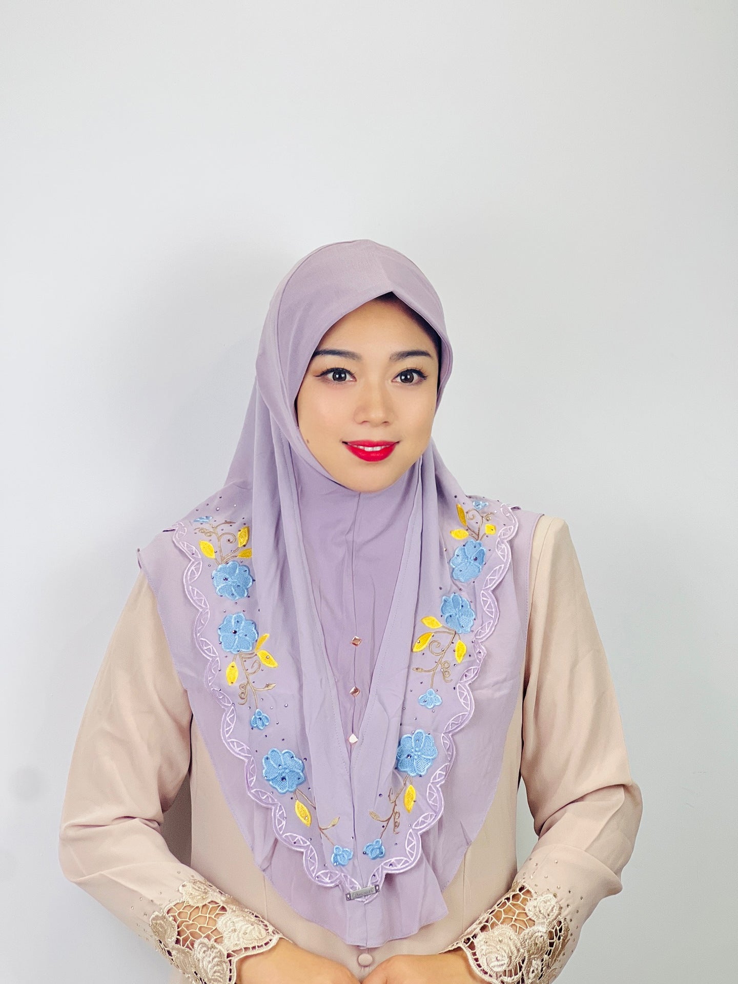 HAYA HA1105 Double Layered Floral Embroidered Lace Headscarf for Women